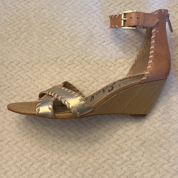 Sam Edelman Silvia Gold Beige Leather Zipper Back Wedge Sandals Ankle Strap Sz 9 - Picture 9 of 12